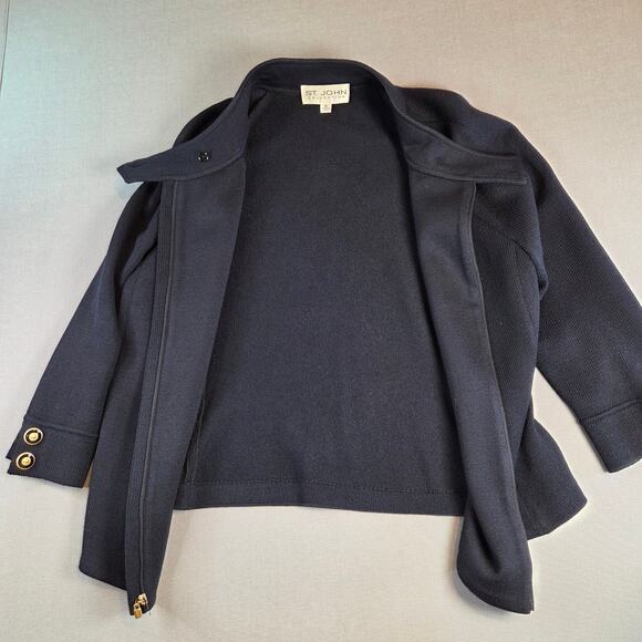 St. John Collection Navy Knit Jacket Women’s Size 10 Gold Button Zip Front USA - Picture 3 of 16